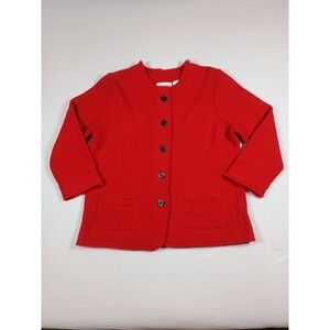 Alfred Dunner 100% Wool Red Jacket Sweater Fringe Holiday Comfy Christmas Medium